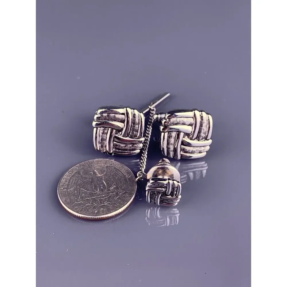 Square Weave Interlocking Cufflinks Tie Tack Pin Silver Tone Anson Vintage